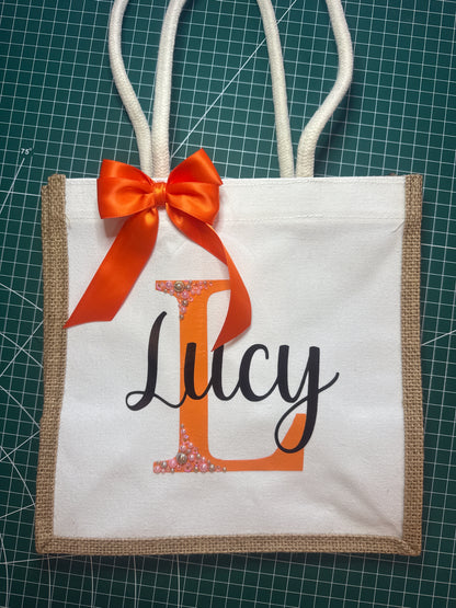 Personalised Jute Tote Bag with Bow and Pearls