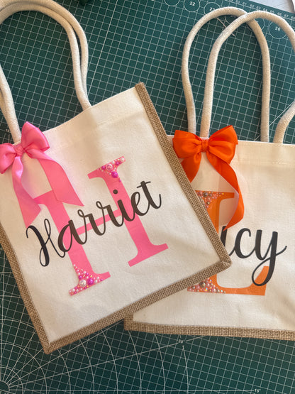 Personalised Jute Tote Bag with Bow and Pearls